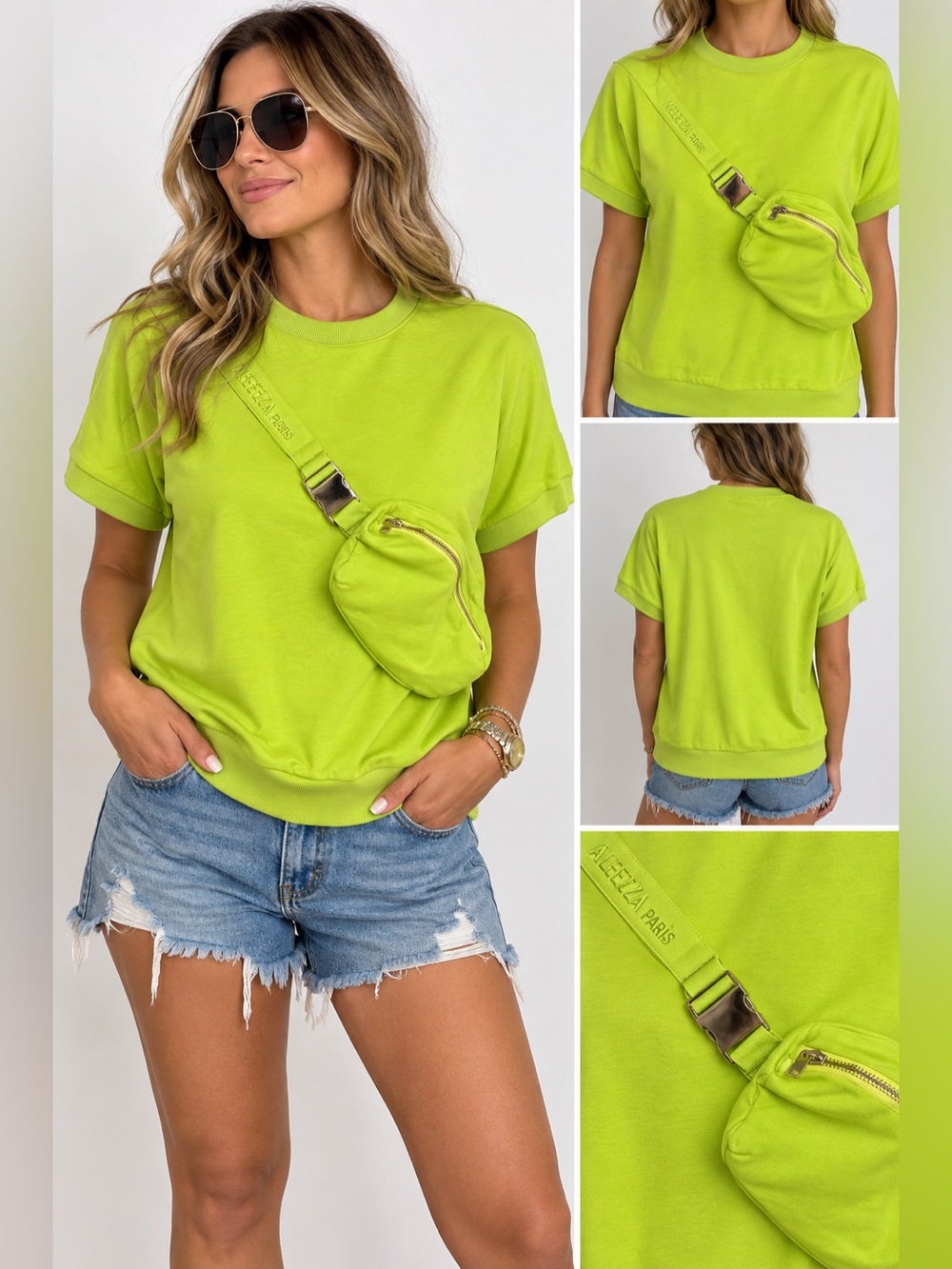 Aleeza Paris Neon Lime Vest Snack Pouch Top Short-Sleeve Sweatshirt Size Medium